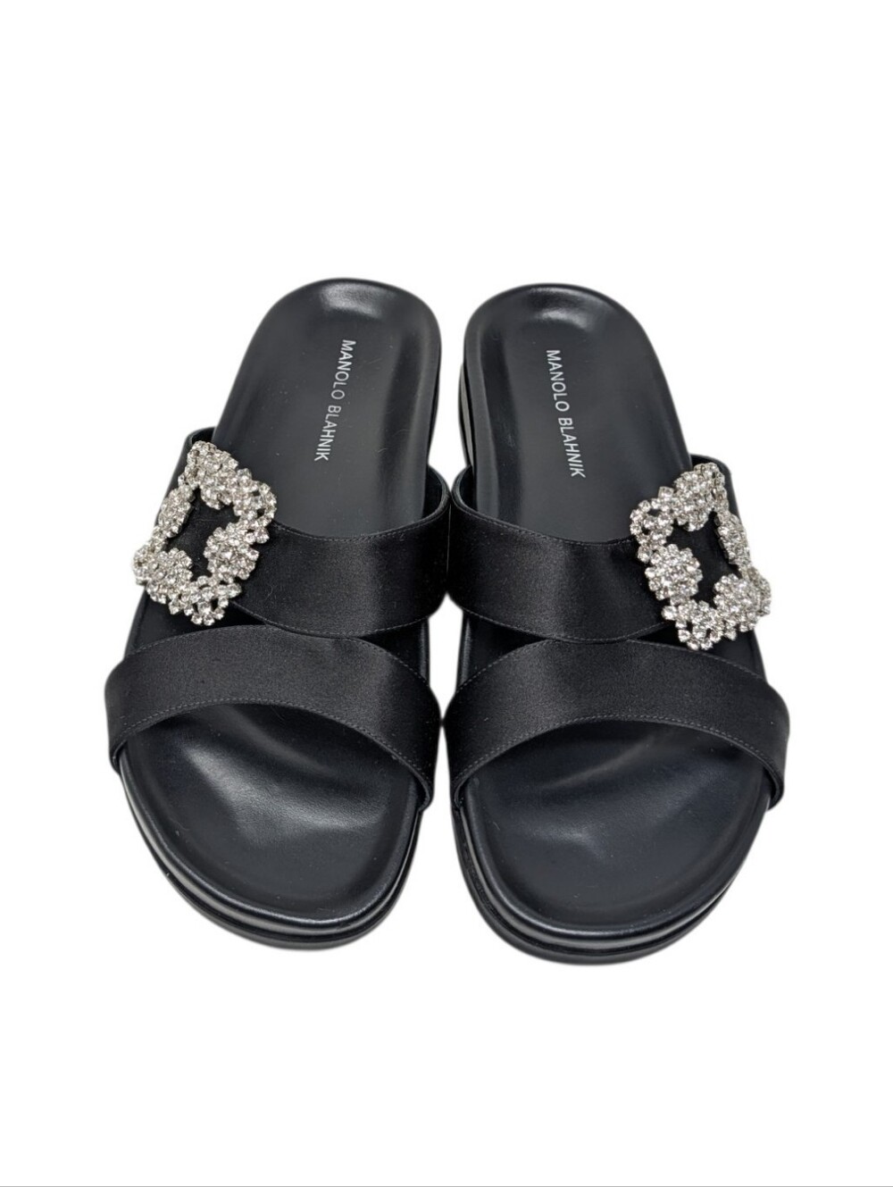 Manolo Blahnik Chilanghi Black Satin Crystal Buckle Criss Cross Slide Sandals 39